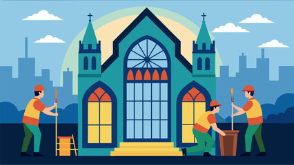 In the shadow of a towering cathedral a team of volunteers works to restore its iconic stained glass windows to their former glory.. Vector illustration