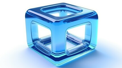 Transparent Blue Cube with Hollow Geometric Design on Reflective Surface isolated on white background