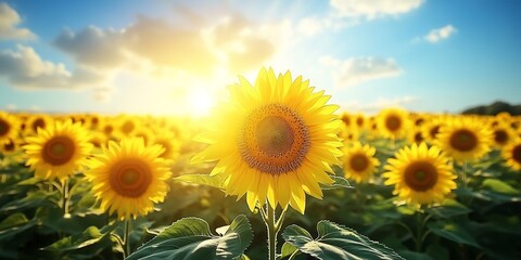  A vast field of sunflowers under a bright blue sky, the flowers gently swaying in the warm summer breeze as far as the eye can see. 