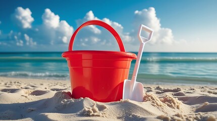Vibrant red plastic bucket and shovel on soft white sand under bright blue sky with fluffy clouds, capturing joyful summer beach vacation mood, relaxation, and playful seaside holiday moments

