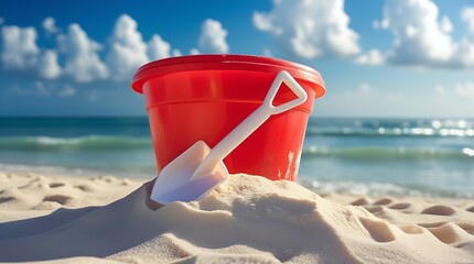 Vibrant red plastic bucket and shovel on soft white sand under bright blue sky with fluffy clouds, capturing joyful summer beach vacation mood, relaxation, and playful seaside holiday moments

