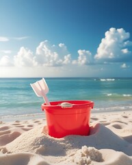 Vibrant red plastic bucket and shovel on soft white sand under bright blue sky with fluffy clouds, capturing joyful summer beach vacation mood, relaxation, and playful seaside holiday moments

