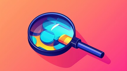 Colorful Magnifying Glass with Abstract Reflections on Vibrant Orange Background