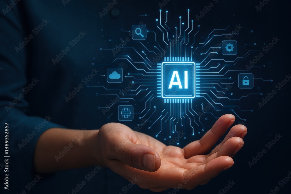 Poster ai chip: a person's open hand cradles a glowing central processing unit, representing the advancemen