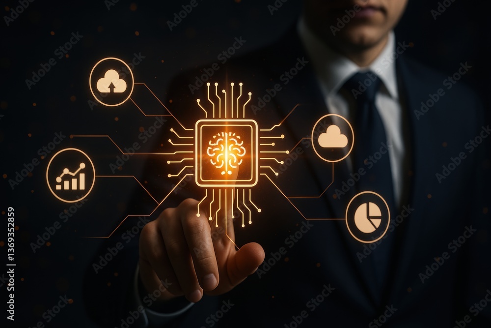 Poster the future of technology: a person in a suit interacts with a digital interface representing the evo