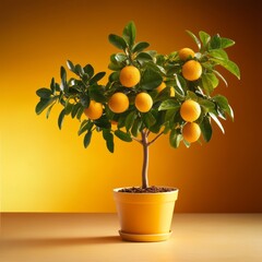 Vibrant small orange tree in a yellow pot, burst of color for your home garden
