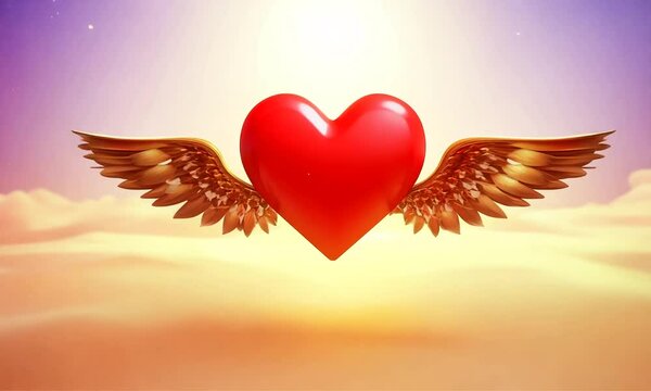 Loop animation of love heart flying with wings, 3d rendering.