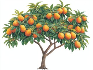 Vibrant orange tree drawing, a simple illustration of ripe oranges on leafy branch