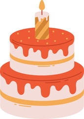 The image depicts a two tiered cake with red frosting and a single lit candle