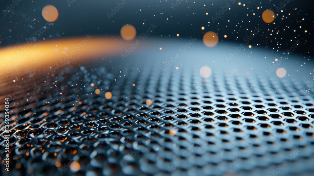 Poster futuristic glowing honeycomb grid pattern against a cosmic night sky backdrop filled with shimmering
