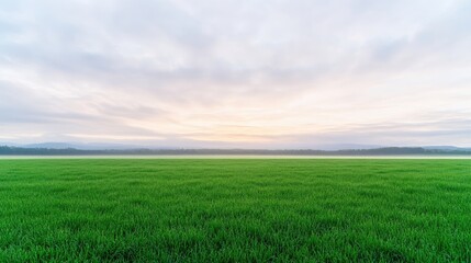Fototapeta premium Vast green field at dawn, soft light