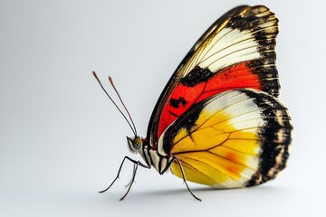 Obraz premium A vibrant butterfly fluttering gently, set against a white backdrop. 