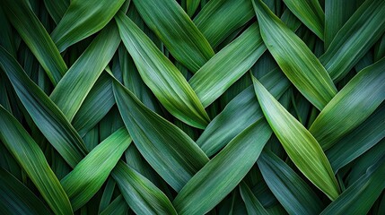 Close-up of green wheat stalks arranged diagonally, creating a symmetrical and textural visual effect with vibrant shades of green in the lush farmland background. -