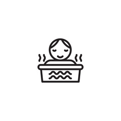 A person with closed eyes relaxes in a bathtub with wavy water and rising steam. Represents a soothing bath, spa treatment, or unwinding.