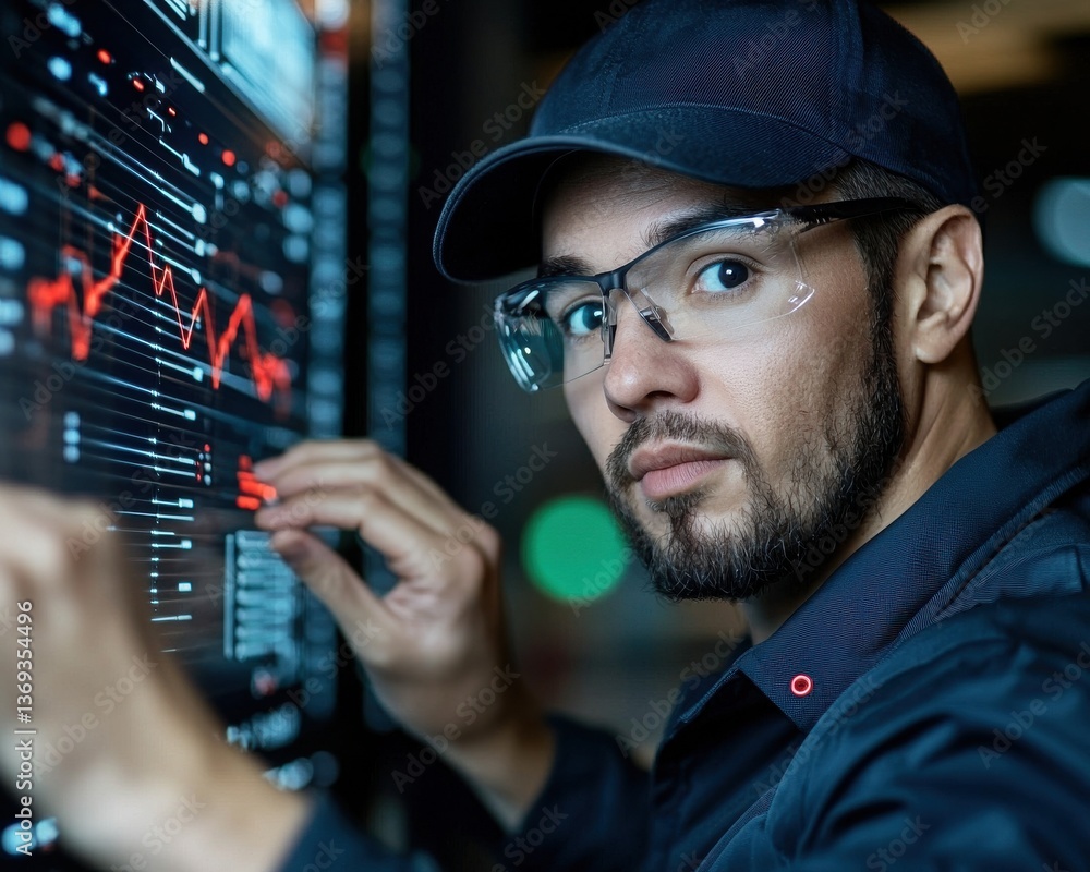 Poster professional financial analyst or data scientist examining complex financial market trends and inves