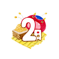 12ヶ月 年中行事 カレンダー アイコン　水彩 イラスト　2月