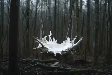 Fototapete Surreal White Swing in Dark Forest © Ali