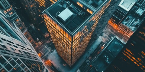 Aerial view of a skyscraper reflecting city lights at dusk.