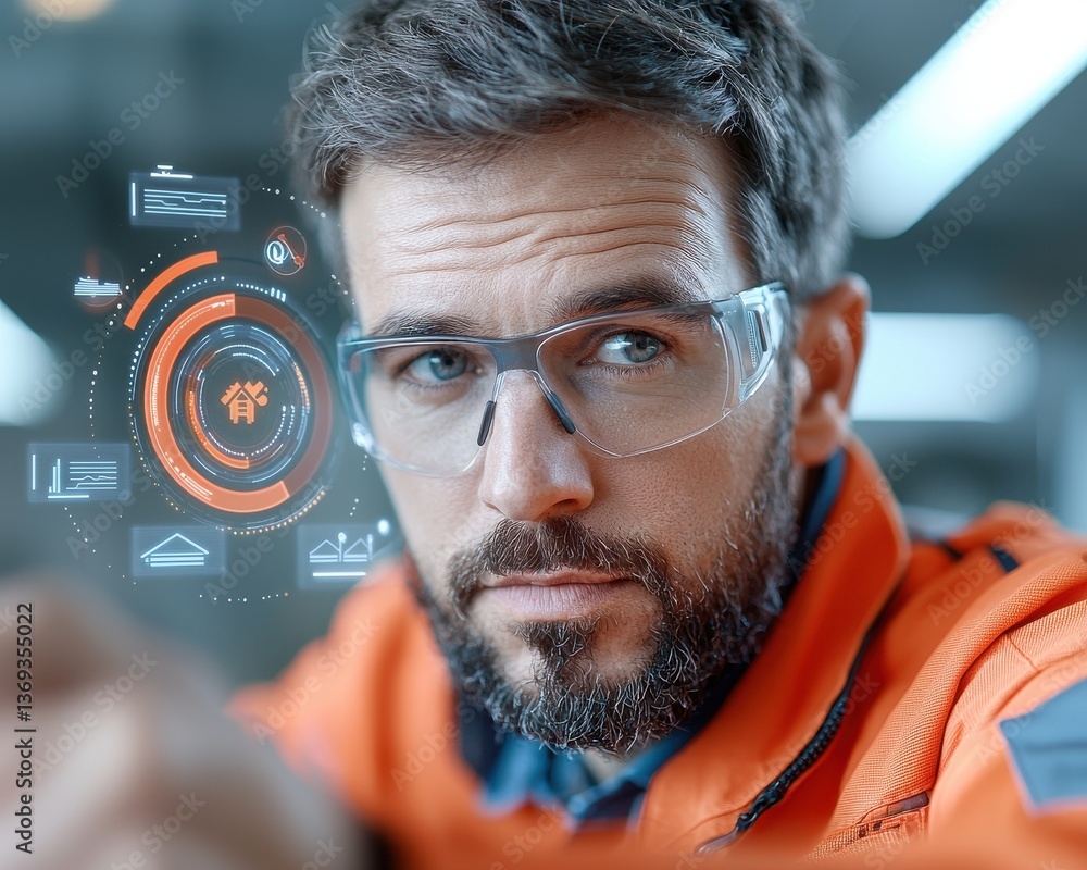 Poster portrait of a skilled technician or engineer wearing safety goggles and hardhat closely examining a 