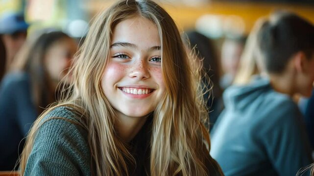 A portrait of a happy teenage girl in school, looking at the camera and smiling