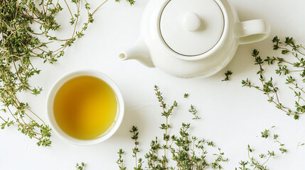 Overhead shot of thyme tea in a white cup with a teapot and thyme sprigs on a white background