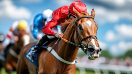 Obraz premium Powerful racehorse galloping swiftly with skilled jockey in the saddle competing in an exciting and thrilling equestrian event The horse s magnificent muscles grace
