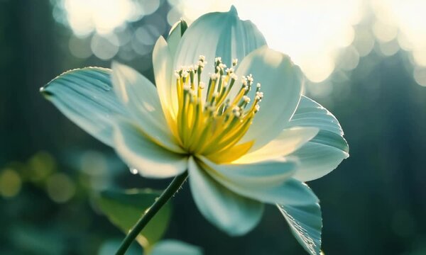 combination of Denim Blue + Ivory White + Lemon Yellow. macro lens, gradation flower  . blur the back of the forest atmosphere, soft sunlight hits, bouncing effect, calming and fresh atmosphere