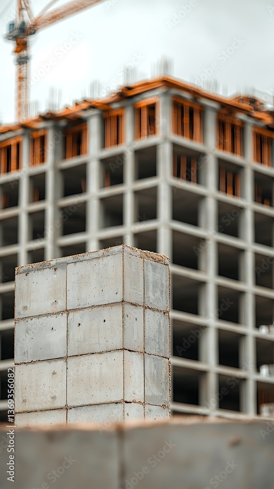 Poster a partially constructed building with concrete blocks in the foreground and a crane in the backgroun