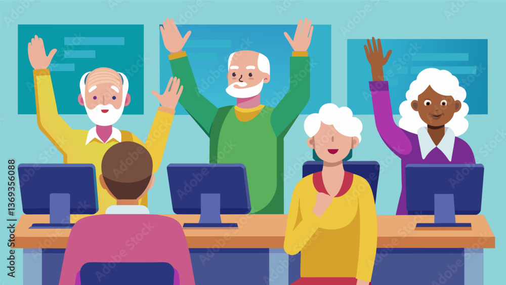 Poster a group of seniors sitting in a classroom eagerly raising their hands to ask questions as a computer