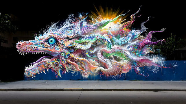 Vibrant Pixelated Dragon Mural at Night