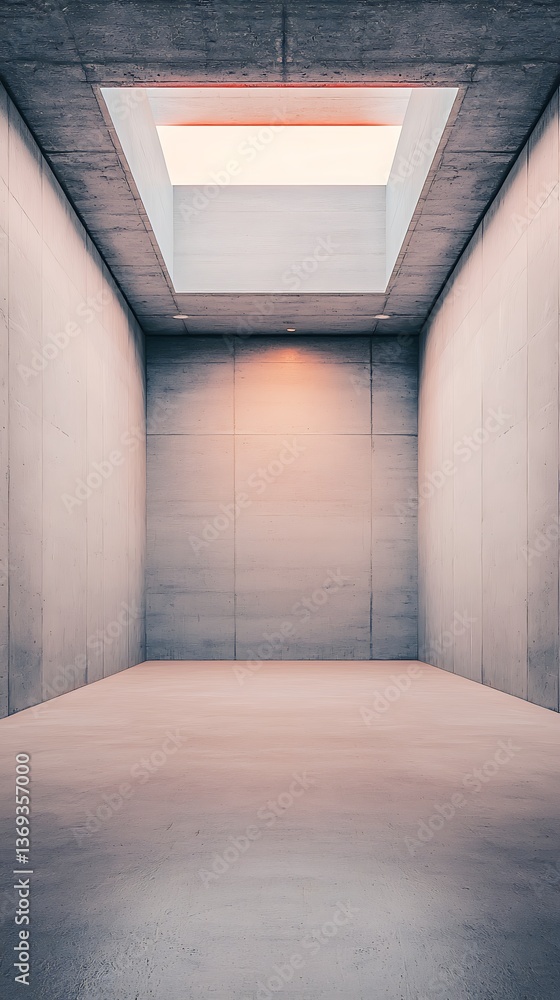 Poster a minimalist concrete space with a skylight, showcasing modern architectural design and soft natural