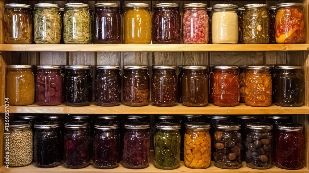 Poster a kitchen pantry shelf with neatly stacked jars and containers.