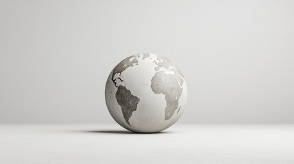 A textured, light-colored globe displaying the continents of the Americas is centered on a light gray surface against a light gray background.