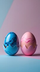 Two decorative cracked eggs in vivid blue and pink placed on pastel-colored background with matching egg holders, representing gender reveal, contrast, celebration, and creative concept art.

