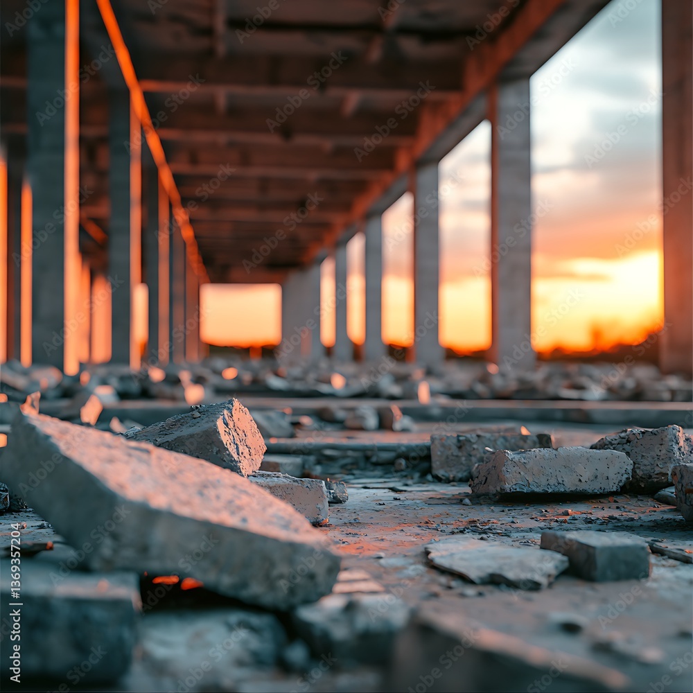 Poster a partially constructed space filled with rubble, showcasing a dramatic sunset through large windows
