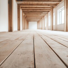 A spacious, minimalistic interior featuring wooden beams and a light wooden floor, with abundant natural light from large windows.