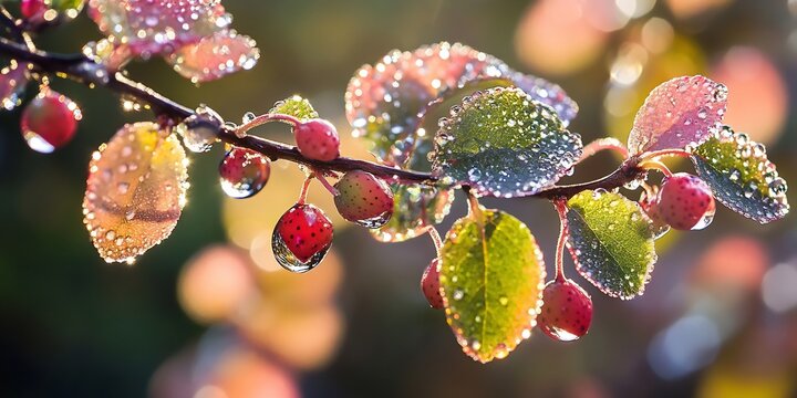  Dew-covered leaves of a spindle tree softly reflecting the morning sun, with hints of pink and red berries. 
