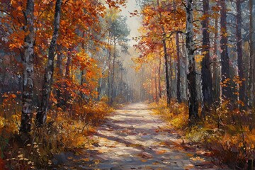 Obraz premium Autumn Path Through Golden Forest - Oil Painting