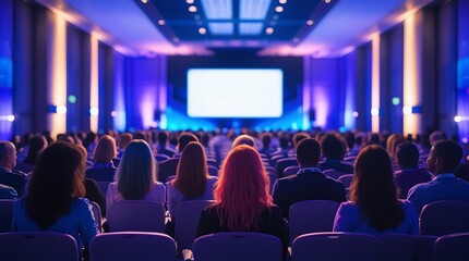 Large audience seated in a modern cinema or conference hall watching a brightly lit screen under glowing purple and blue lights, capturing entertainment, tech events, or film screenings.

