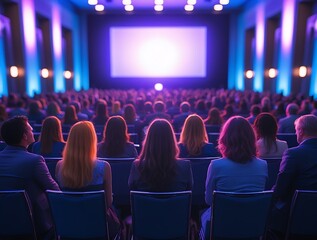 Large audience seated in a modern cinema or conference hall watching a brightly lit screen under glowing purple and blue lights, capturing entertainment, tech events, or film screenings.

