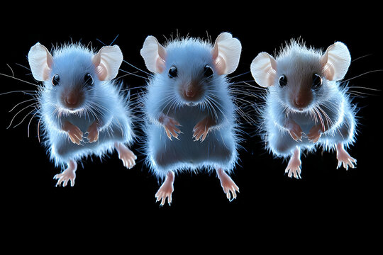 Three Adorable Fluffy Mice on Black Background