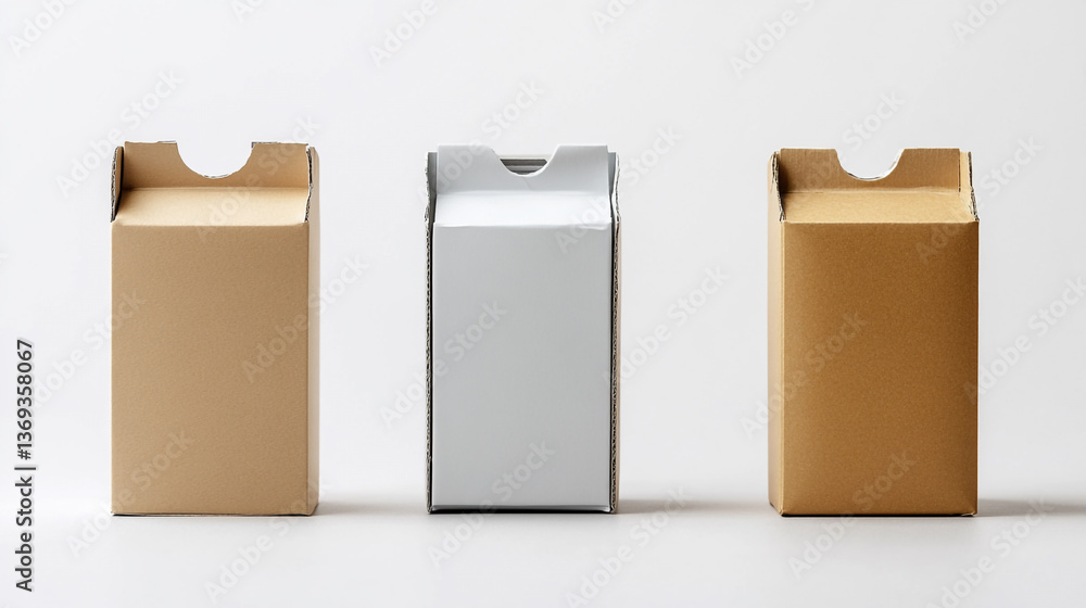 Poster three small cardboard boxes standing side by side on a white surface in a well lit studio setting