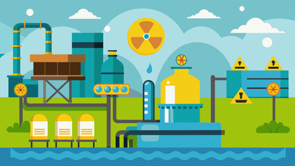 A stateoftheart water treatment plant filtering and purifying contaminated water from nuclear waste sites before returning it to the environment.. Vector illustration