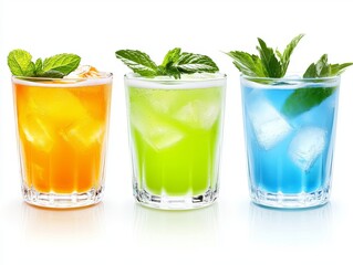 Three vibrant cocktails, a colorful trio of refreshing drinks 