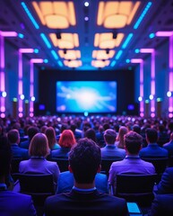 Large audience seated in a modern cinema or conference hall watching a brightly lit screen under glowing purple and blue lights, capturing entertainment, tech events, or film screenings.

