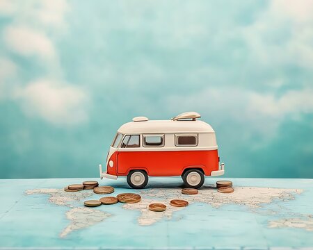 Retro Campervan for World Map, Travel Savings. - Powered by Adobe