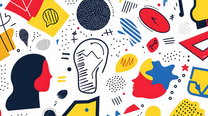 Colorful Abstract Design with Faces and Shapes on White Background