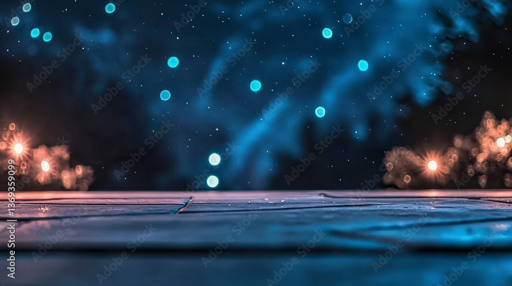 Poster night scene background with bokeh lights and dark wooden surface perfect for product display or webs