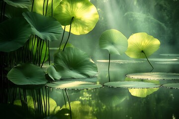  Soft sunlight filtering through the large, round leaves of a lotus plant, with reflections in a calm pond. 