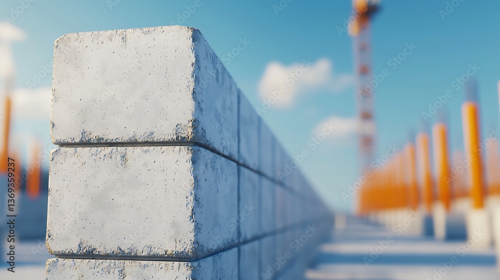 Poster a close-up view of concrete blocks arranged in a row, with a construction site background and blue s